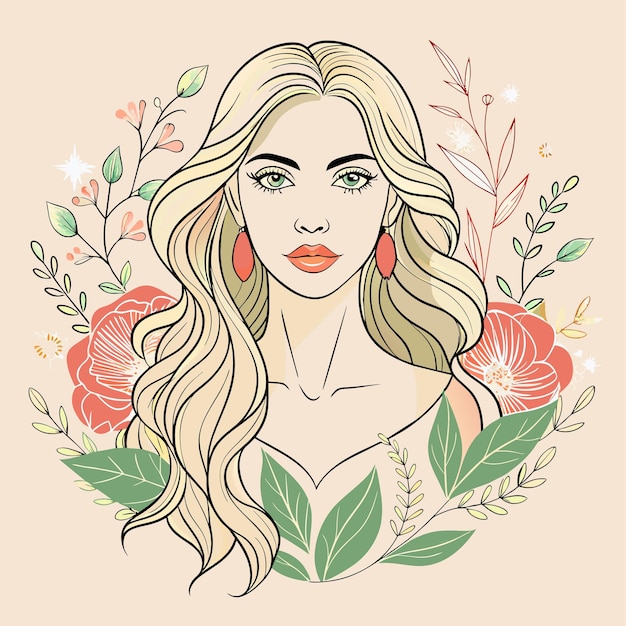 A drawing of a woman with blonde hair and flowers in the background