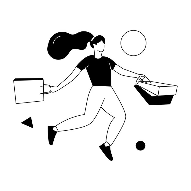 A drawing of a woman with a box in her hand and a bag in her hand.