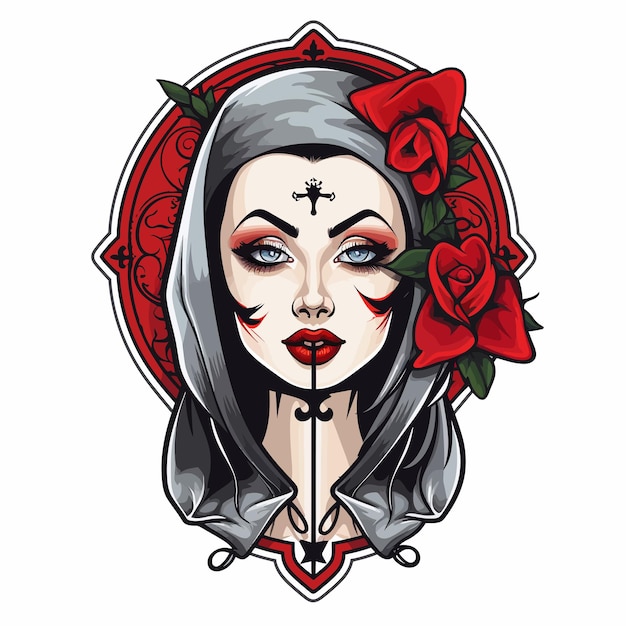 a drawing of a woman with a cross on her face and a skull with roses in her hair.