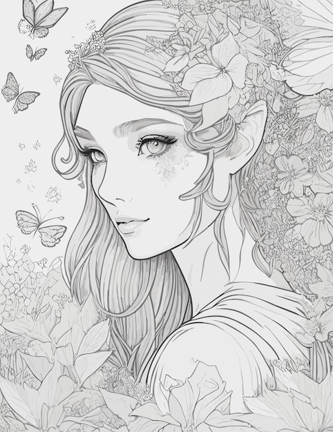 A drawing of a woman with a flower crown and butterflies.