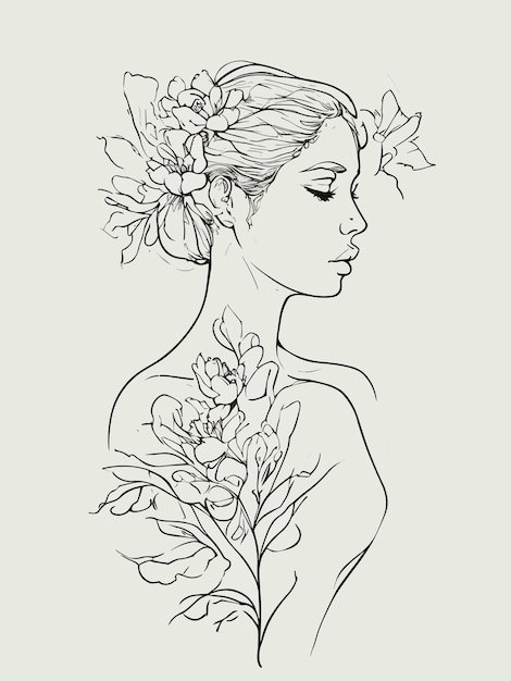 Un disegno di una donna con dei fiori in testa