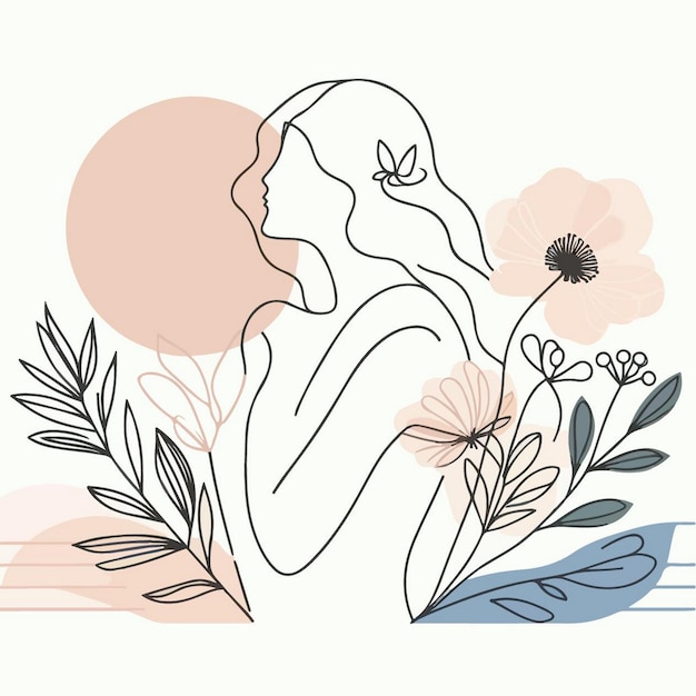 Vector a drawing of a woman with flowers and a sun in the background