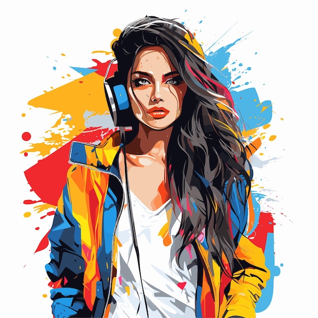 Vector drawing of woman with headphones in her ears and jacket on