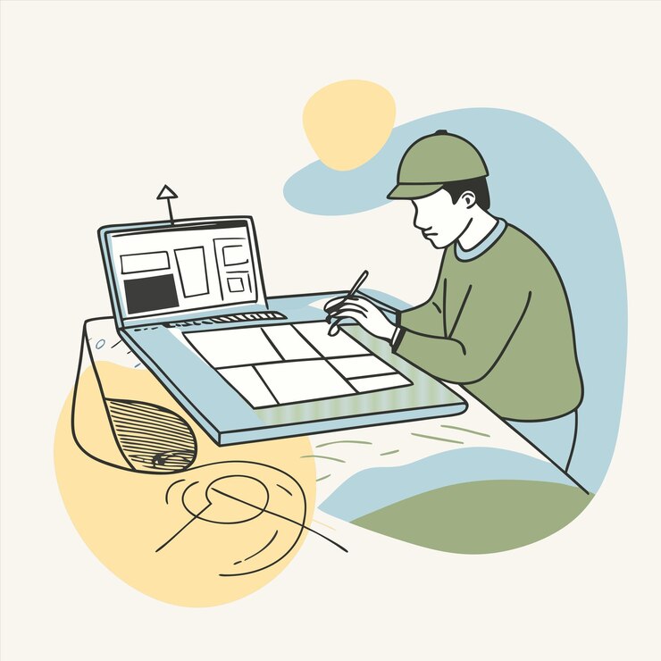 Vector 물고기의 그림과 함께 컴퓨터에서 일하는 여성의 그림