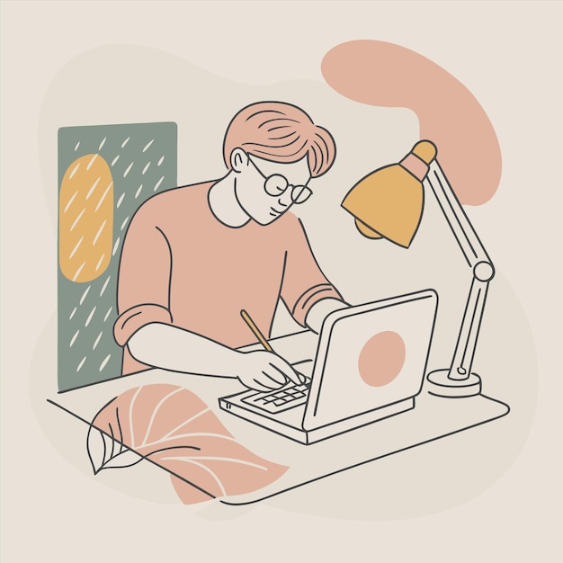 ラップトップでランプをつけた女性の絵