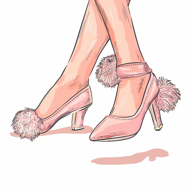 a drawing of a womans shoes with fur on the bottom