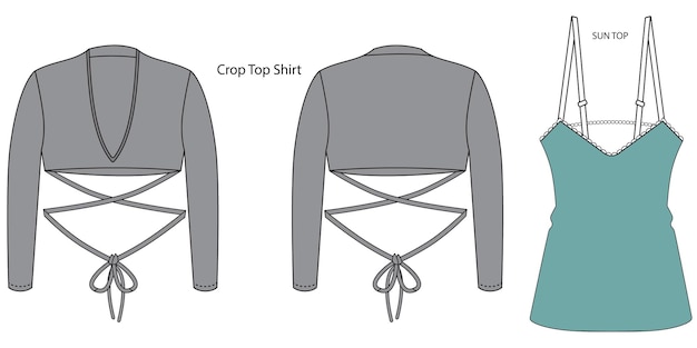 Disegno donna crop top camicia e top da sole. illustrazione della parte superiore delle donne di abbigliamento.