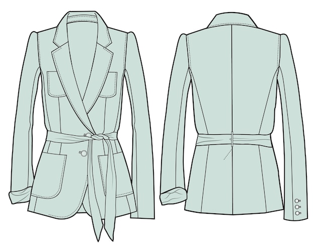 A drawing of a women's blazer with a belt.