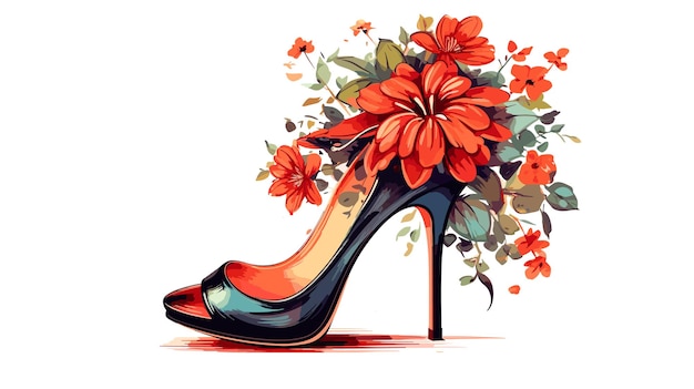 Drawing of women's shoes with heels with flowers on a white background vector