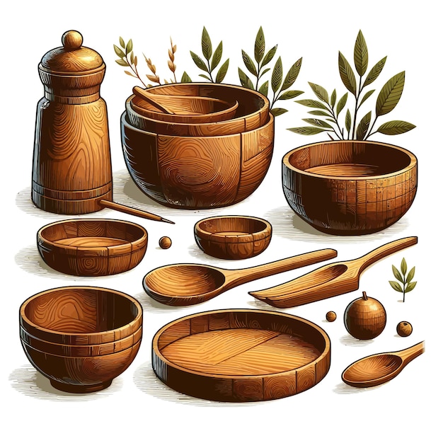 A drawing of a wooden bowl with a plant in the middle