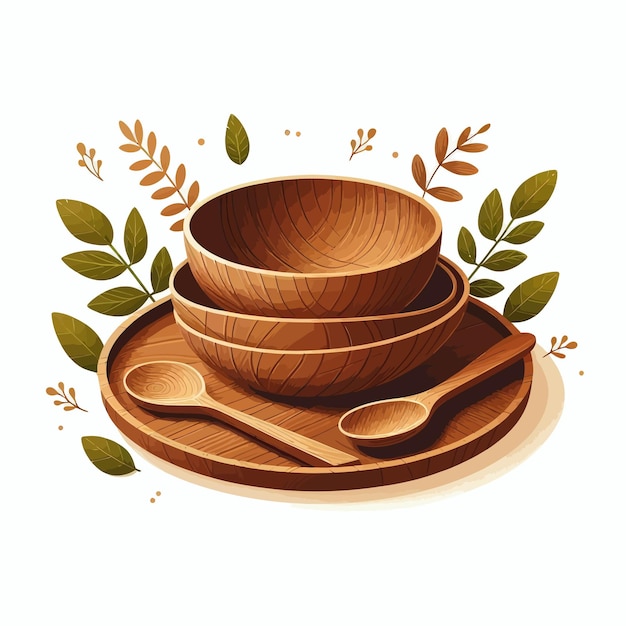 A drawing of a wooden bowl with spoons and spoons in the background