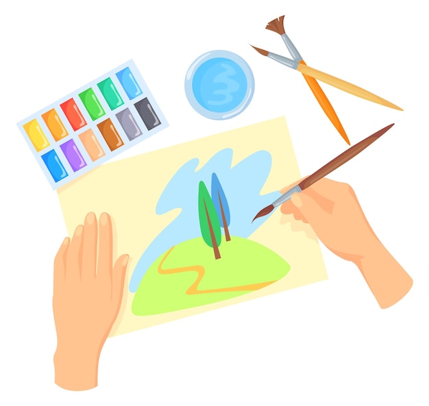 Vector drawing workshop icon hands painting watercolor landscape