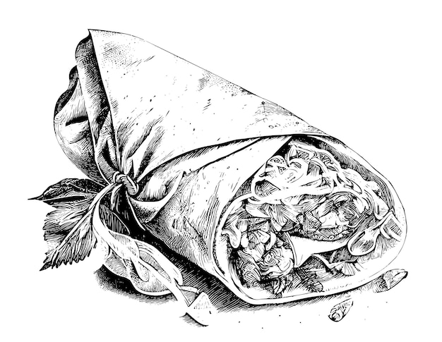 A drawing of a wrap with a leaf of basil on it.