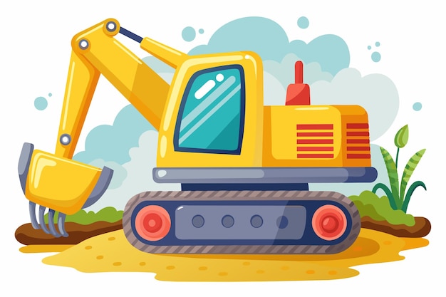 a drawing of a yellow excavator with a blue sky in the background