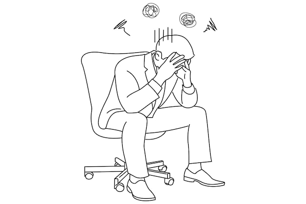 Drawing of young businessman sitting on chair with head down because sad and depressed