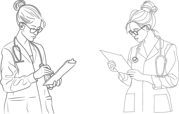 Vector drawing of young female doctor reading patient medical record on clipboard at hospital hallway medical health care concept continuous line sketch design modern illustration