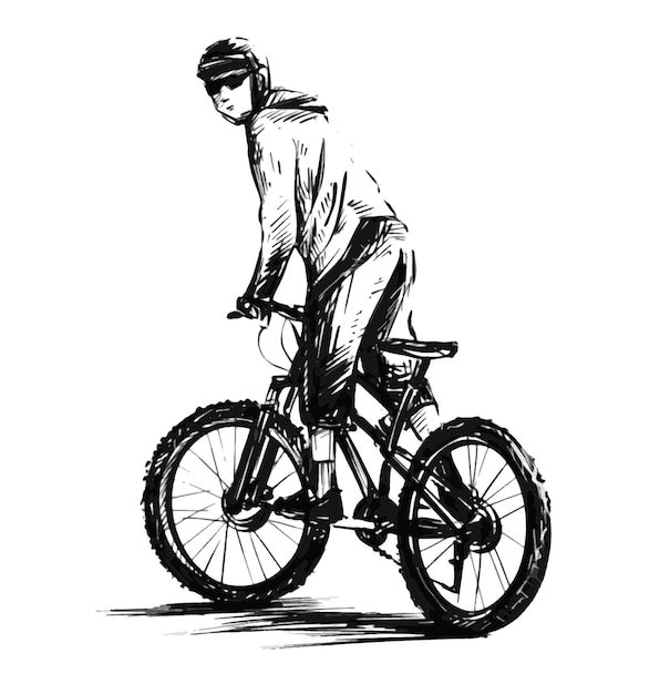 Vector drawing of a young man riding bicycle on street