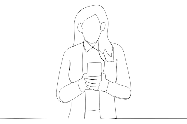 Drawing of young woman using his phone while standing Single continuous line art