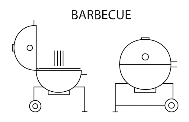 Drawings of open and closed round barbecues on a white background