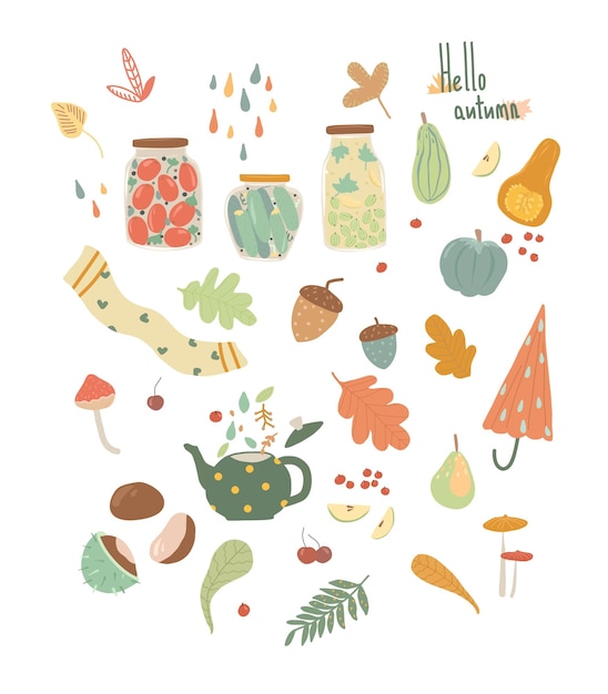 Vector drawn autumn set icons and objects of the autumn season illustrations for  postcards  books