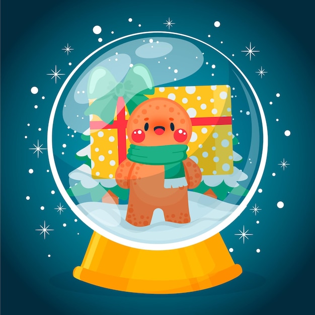 Drawn christmas snowball globe with gingerbread man