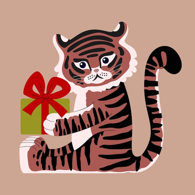 Drawn cute tiger with a gift in its paws year of the tiger 2022