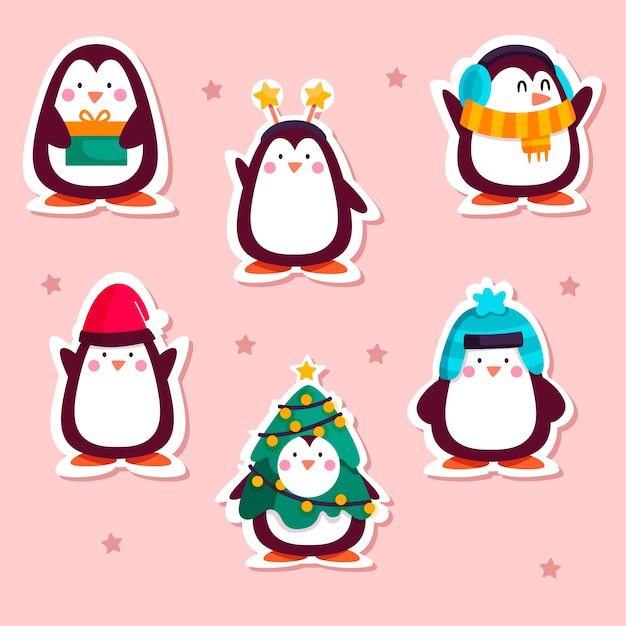 Drawn funny sticker collection with penguins