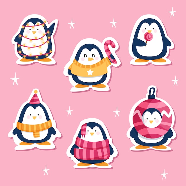 Vector drawn funny sticker set with penguins