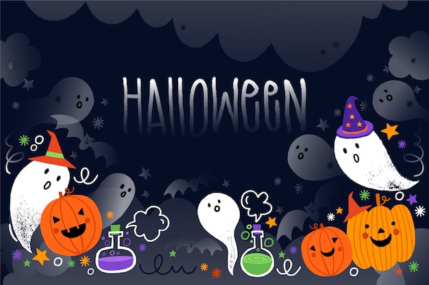 Vector drawn halloween background with ghosts