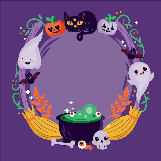 Vettore cornice di halloween disegnata con gatti e fantasmi