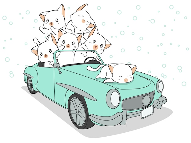 緑色の車で描かれたかわいい猫。