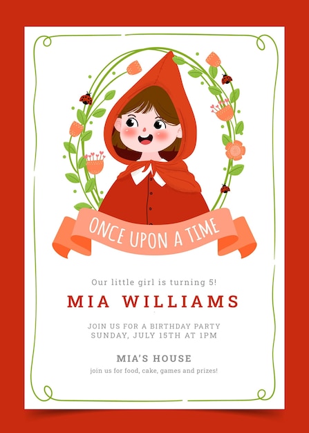 Drawn little red riding hood birthday invitation