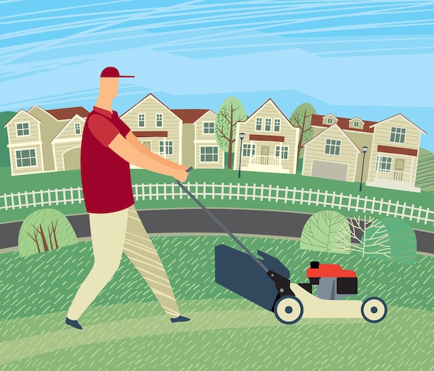 Drawn man mows grass with a lawn mower on the background of houses