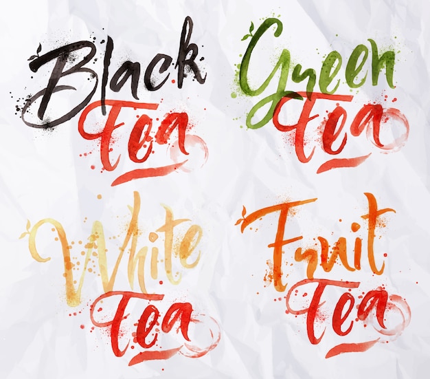 Nomi disegnati di diversi tipi di tè, nero, verde, bianco, gocce di frutta di tè su carta stropicciata