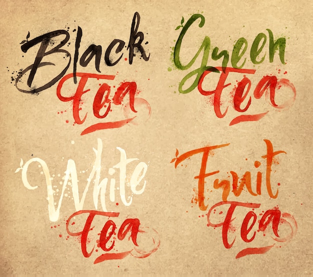 Нарисованные названия разных видов чая, черный, зеленый, белый, фруктовые капли чая на крафт-бумаге