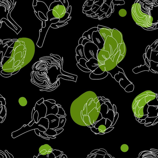 Vector drawn in sketch style artichokes on a black backgroundseamless pattern with artichokes