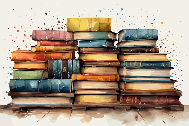 Drawn stacks of old books with beautiful color covers Books scrolls and a pen and inkwell