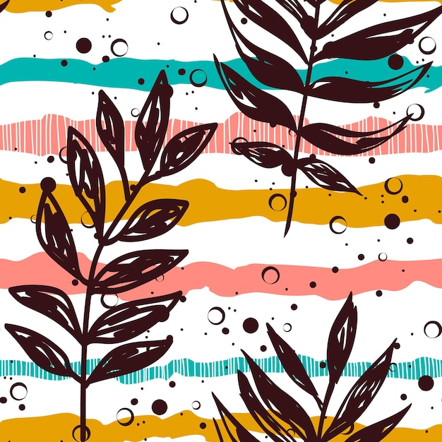 줄무늬 배경 완벽 한 패턴에 그려진된 열 대 잎. 꽃무늬 프린트가 있는 색상 줄무늬입니다. 흰색 바탕에 섬유 열대 여름 패턴입니다. 열대 잎이 있는 에스닉 패브릭 프린트.
