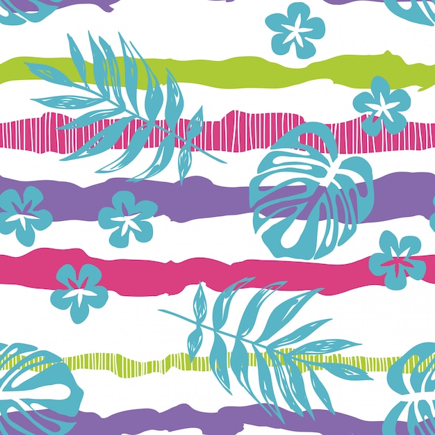 Drawn tropical leaves on a striped seamless pattern. 