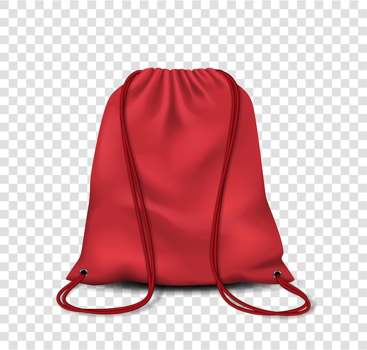 Vector drawstring bag, backpack or pouch mockup. realistic red sport bag, blank canvas school knapsack or laundry sack with ropes or strings, pack for clothes, footwear, products. vector illustration