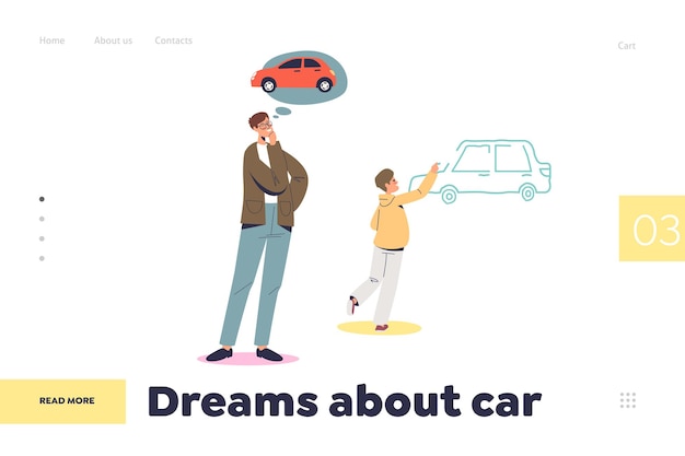 Vettore sogna il concetto di auto della pagina di destinazione con il padre che guarda il bambino che disegna il veicolo sul muro. gli uomini e l'amore per le automobili. illustrazione vettoriale piatta del fumetto