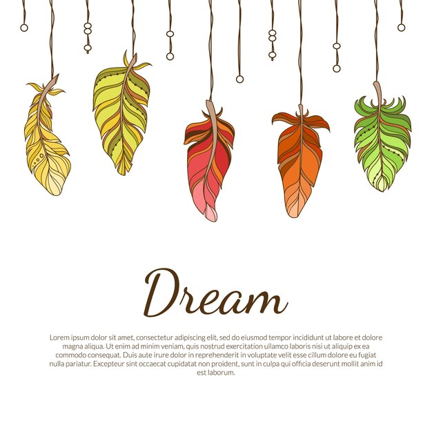 Vector dream banner with ethnic colorful feathers native american indian spiritual symbol boho style vector illustration web design