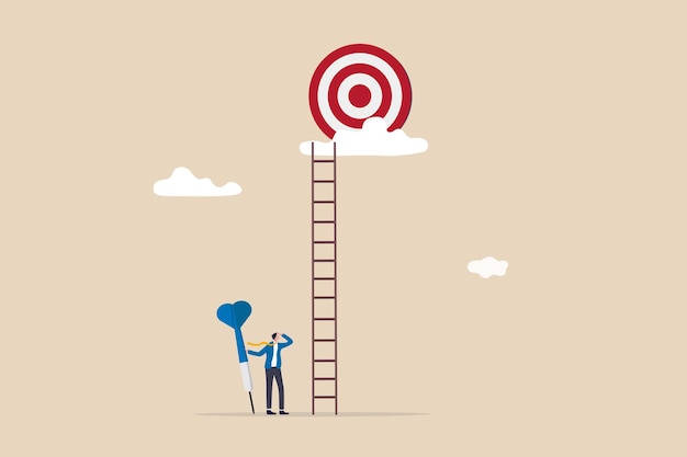 Dream big aim high, ambition and challenge to success in business, motivation to achieve big goal or target, career development concept, ambitious businessman hold dart aim high at target on the cloud