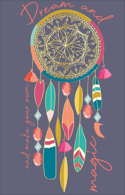 DREAM CATCHER DECORATED WITH TASSEL AND RHINESTONE GRAPHIC FOR TEEN GIRLS AND KID GIRLS VECTOR