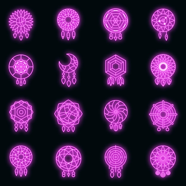 Dream catcher icons set. Outline set of dream catcher vector icons neon color on black