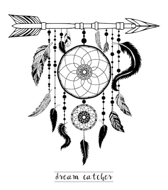 Vector dream catcher with arrow and feathers hand drawn vector.