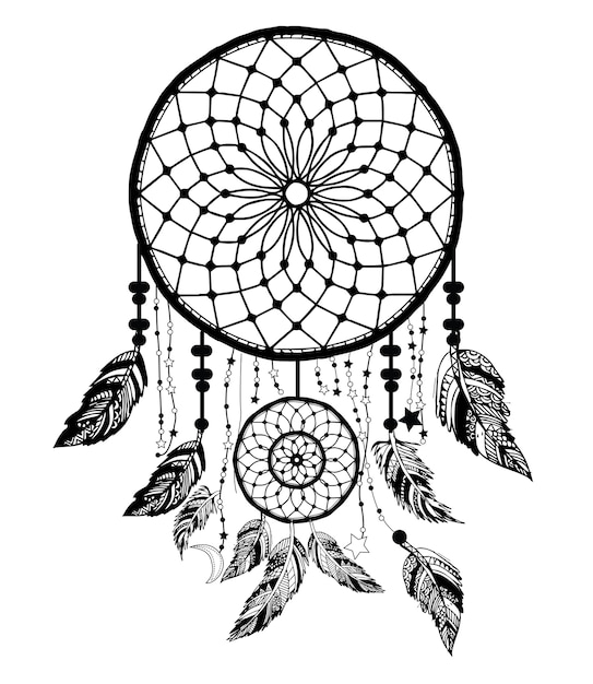 Dream Catcher with Arrow and Feathers Hand Drawn Vector.