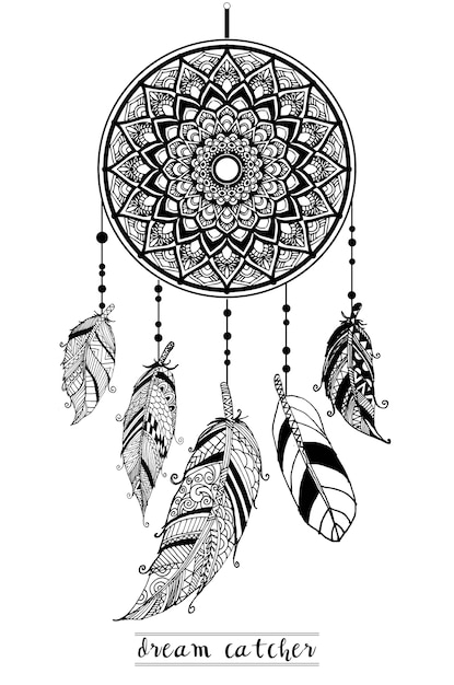 Dream Catcher with Arrows and Feathers Hand Drawn Style Vector.