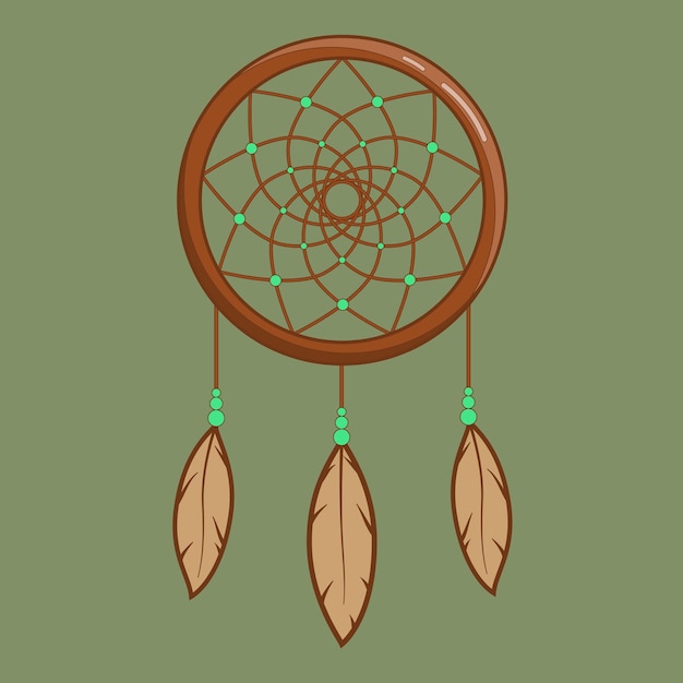 Dream catcher with feathers in cartoon flat style on green background