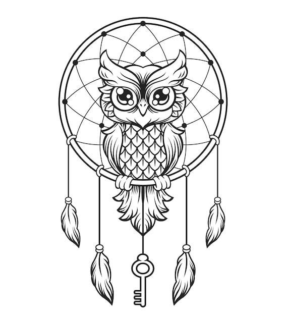 Dream-catcher zwart-witte uil. lijn illustratie